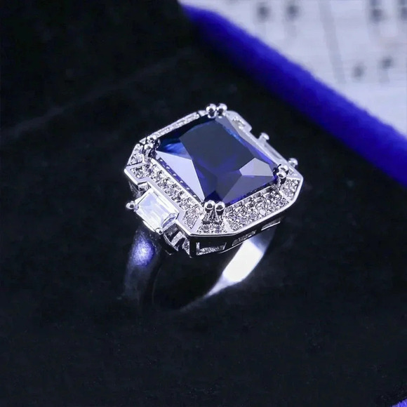💞925 Silver Plated Big Blue Cubic Zirconia Ring for Women, MLNN1001 - Picture 1 of 4